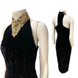 Vintage Scott McClintock Black Velvet Halter Gown Gold Lace Collar Maxi / 8 -